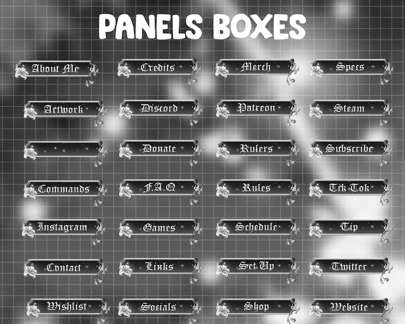 Puede incluir: Gr&aacute;fico en blanco y negro con el texto "PANELS BOXES". Veinticuatro botones rectangulares con etiquetas como "Artwork", "Donate" y "Links", cada uno adornado con un dise&ntilde;o floral. Fondo cuadriculado.