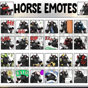 36x Cute Kawaii Black Horse Twitch Discord Emotes / Animal Emoji / Subskrybent / Loyalty Sub Bit Badges / Channel Point / Dark Horse Bundle