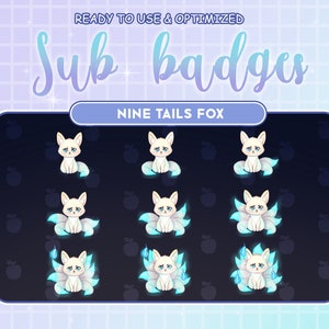 Blue Nine Tailed Fire Fox Twitch Loyalty Sub Bit Badges / Kawai Animal Emoji / Cool Subscriber Badges For Streamer / Emotes / Twitch Overlay