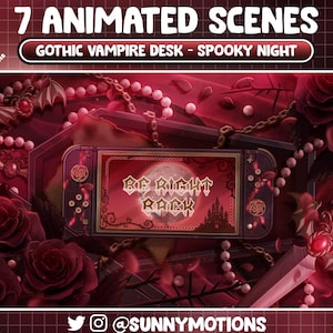 ANIMATED Stream Screen: Red Black Gothic Vampire Desk Twitch Scene Overlay, Halloween Haunted House, Switch Rose Bat Sword Vtuber Background