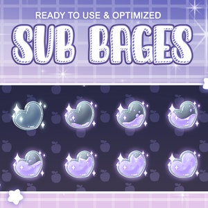 May include: Eight animated purple heart-shaped sub badges with a sparkling effect. The text "SUB BAGES" is at the top of the image.
