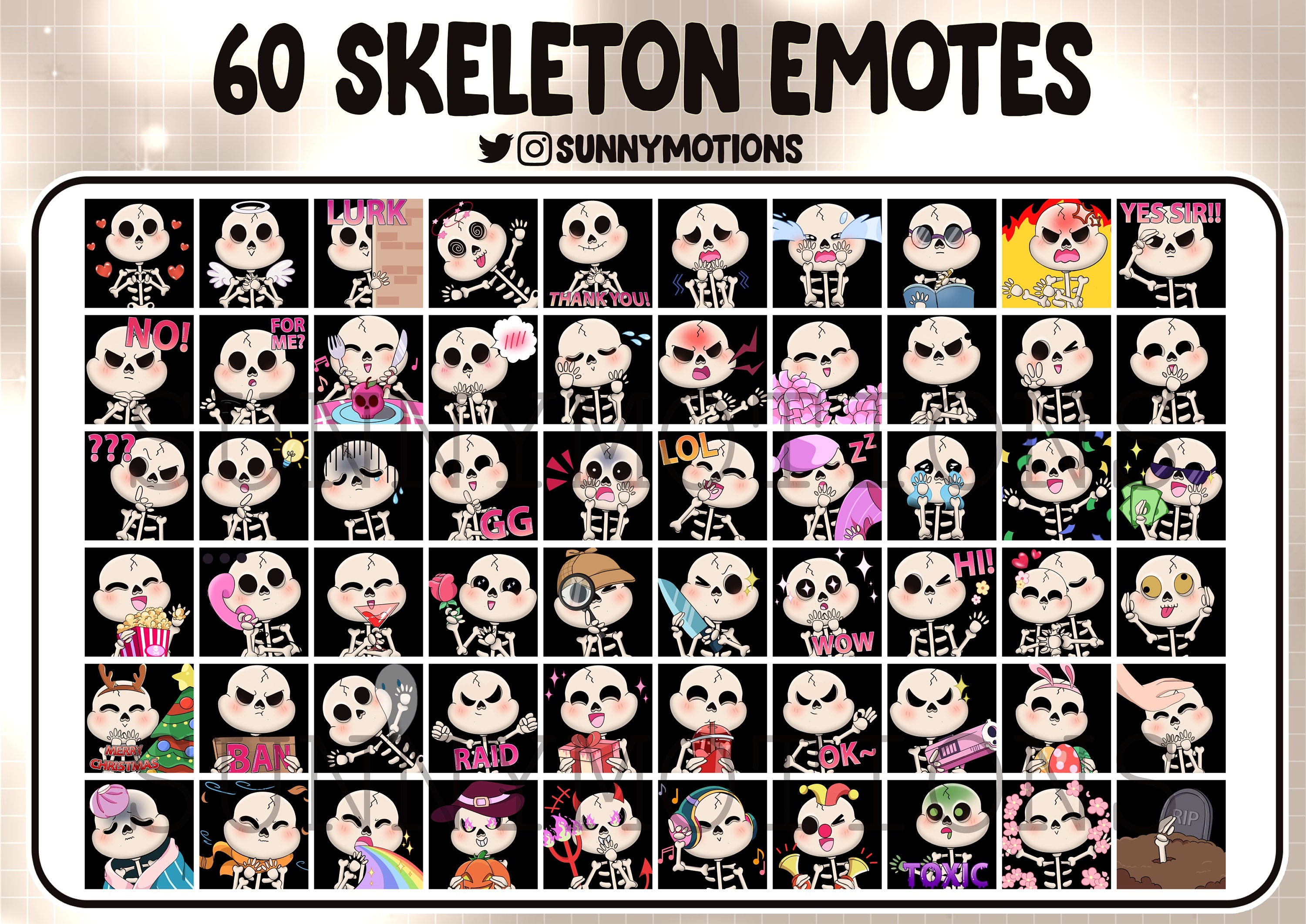 60 Cute Skeleton Twitch Emotes Bundle, Discord, Streamer, Kawai Funny ...