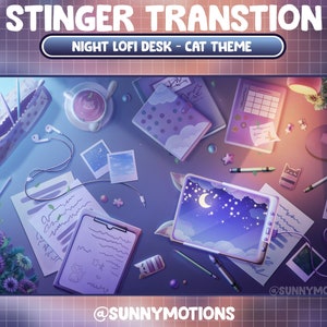 Animated Twitch Stream Stinger Transition / Retro Lofi Desk Night / Cozy Aesthetic Cat Meow Theme / Gerbera Daisy Flower /Calico Cat Pattern