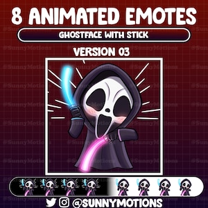 Animated Twitch Emotes: Scary Ghostie Face Light Stick, Kawaii Ghostface HYPE, Dead Killer Halloween Grim Reaper Raving Emoji Stream Overlay