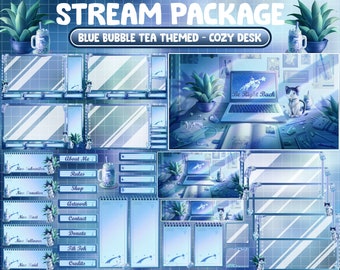 May include: Blue and white Twitch stream package with a blue bubble tea theme. The package includes a variety of panels, including a "Be Right Back" screen, a new subscriber panel, a new donation panel, a new follower panel, a new raid panel, and more. The package also includes a cozy desk scene with a laptop, a cat, and plants.