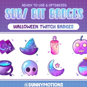 May include: A set of cartoon Halloween-themed Twitch badges. The badges feature a witch's hat, a candle, a pumpkin, a cauldron, a ghost, a crescent moon, a potion bottle, and tarot cards. Text reads "READY TO USE & OPTIMIZED SUB/ BIT BADGES HALLOWEEN TWITCH BADGES".