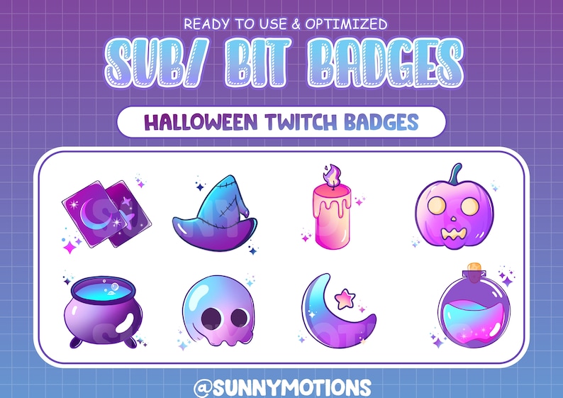 May include: A set of cartoon Halloween-themed Twitch badges. The badges feature a witch's hat, a candle, a pumpkin, a cauldron, a ghost, a crescent moon, a potion bottle, and tarot cards. Text reads "READY TO USE & OPTIMIZED SUB/ BIT BADGES HALLOWEEN TWITCH BADGES".