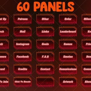 May include: A digital graphic with the text "60 PANELS" in orange. Below are 24 red and black panels with various text labels such as "PC Set Up", "Merch", "Kick", "Followers", "Discord", "Click To Join", "Patreon", "Mail", "Instagram", "Facebook", "Credits", "Click To Donate", and more.