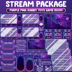 Pacchetto streaming ANIMATO: accogliente sala giochi pasquale viola e rosa, pesce koi, coniglio, sakura primaverile di peluche, caffè, sovrapposizione Twitch del cielo notturno