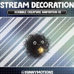 May include: A black and white animated creature with a happy face holds a small yellow sun. The creature is on a blue and white striped background with a grid pattern. The text "SCRIBBLE CREATURE ANIMATION 02" is at the top of the image. The text "@SUNNYMOTIONS" is at the bottom of the image.