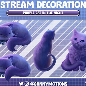 4 Animated Stream Decoration: Lo-fi Aesthetic Purple Long Hair Fluffy Cat, Kawaii Purple Witchy Kitty Love Night Twitch Overlay Alert Addon