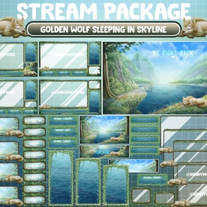 ANIMATED Twitch Overlay Stream Package: Blue Lightning Blonde Golden Wolf Sleeping In River Mountain, Relax Aesthetic Forest Skyline Morning