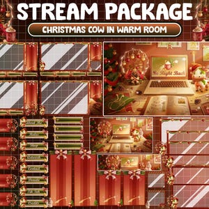 Puede incluir: Un paquete de transmisión de arte digital con temática navideña. El paquete incluye varios elementos de superposición, como cuadros de chat, marcos de webcam y transiciones de escena, todos decorados con diseños festivos y una mascota de vaca. El texto "STREAM PACKAGE" y "CHRISTMAS COW IN WARM ROOM" son visibles.