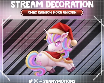May include: A pink unicorn with a rainbow mane and tail wearing a red Santa hat and a red cape with a gold bell. The unicorn has a pink heart on its side. The background is a black and white striped pattern with the text "STREAM DECORATION" and "XMAS RAINBOW HORN UNICORN" in white.