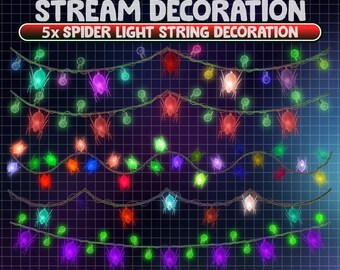 May include: Five strands of colorful spider-shaped LED lights with a white wire. The lights are strung in a wavy pattern and are perfect for Halloween decorations.