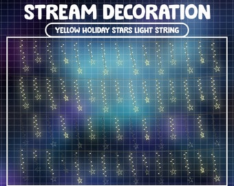 Puede incluir: Cadena de luces de estrellas navideñas amarillas con luces blancas que cuelgan en forma de cuadrícula sobre un fondo borroso azul y morado. El texto "YELLOW HOLIDAY STARS LIGHT STRING" está en la parte superior de la imagen.