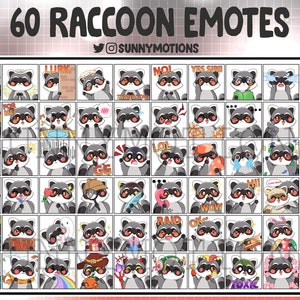 60 Cute Raccoon Stream Emotes, Chibi Kawaii Raccoon Emoji Mega Pack For Twitch, Youtube, Discord, Kick, Loyalty Sub Bit Badge, Channel Point