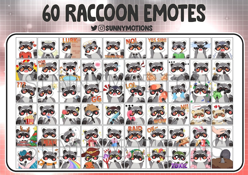 60 Cute Raccoon Stream Emotes, Chibi Kawaii Raccoon Emoji Mega Pack for ...