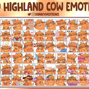 60 Cute Brown Highland Cow Twitch Emotes, Discord, Streamer, Kawai Cow Emoji, Cute Cow Subscriber Loyalty Sub Bit Badge Channel Point Icon