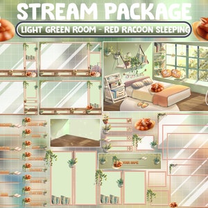 Paquete ANIMADO COMPLETO de Twitch Stream / Me encanta el acogedor dormitorio verde claro con sueño de panda rojo / Sala de lectura de libros / Temporada de otoño / primavera para amantes de las plantas