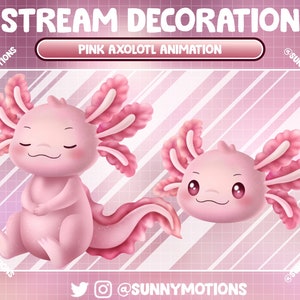 2x Animated Stream Decoration Soft Plushy Toy: Lo-fi Aesthetic Pinkish Axolotl, Pink Salamander Add-on, Walking Fish Kawaii Twitch Overlay