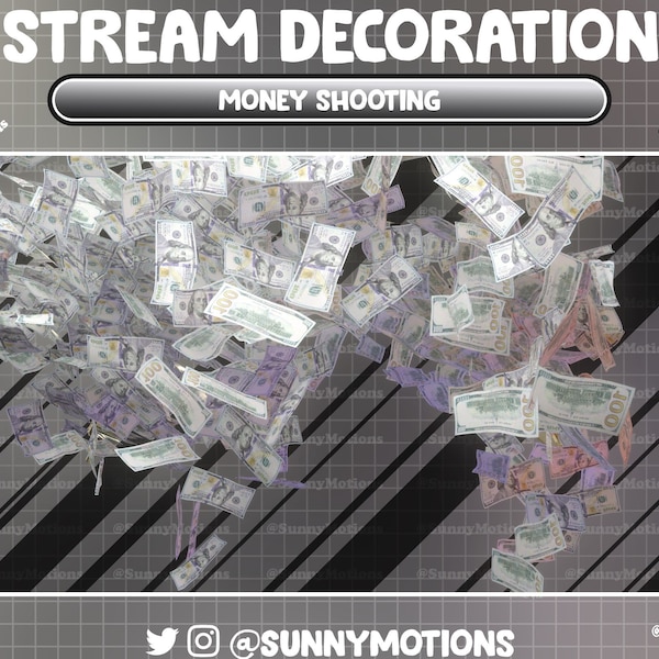 Geanimeerde stroomdecoratie: Geld schieten, Pistolen Twitch Overlay, Short Gun Deco, Vallend geld, Sub, Cheer, Bits, Cash Rain, Fly Dollars