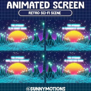 Twitch 80&#39;s Style Background Twitch Stream Screen / Retro Sci-Fi Neon Blue Road / Sun / Star / Retro Futuristic Sci-Fi Animated Twitch Scene