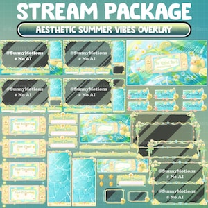 Op de afbeelding: Een Twitch-streampakket-overlay met een zomerthema met een blauw en groen kleurenschema. De overlay bevat verschillende elementen, waaronder een eend, een strandscene en een palmboom. De tekst "The Right Back" is zichtbaar in de rechterbovenhoek van de overlay. De tekst "@SunnyMotions # No AI" is zichtbaar in de rechterbenedenhoek van de overlay.