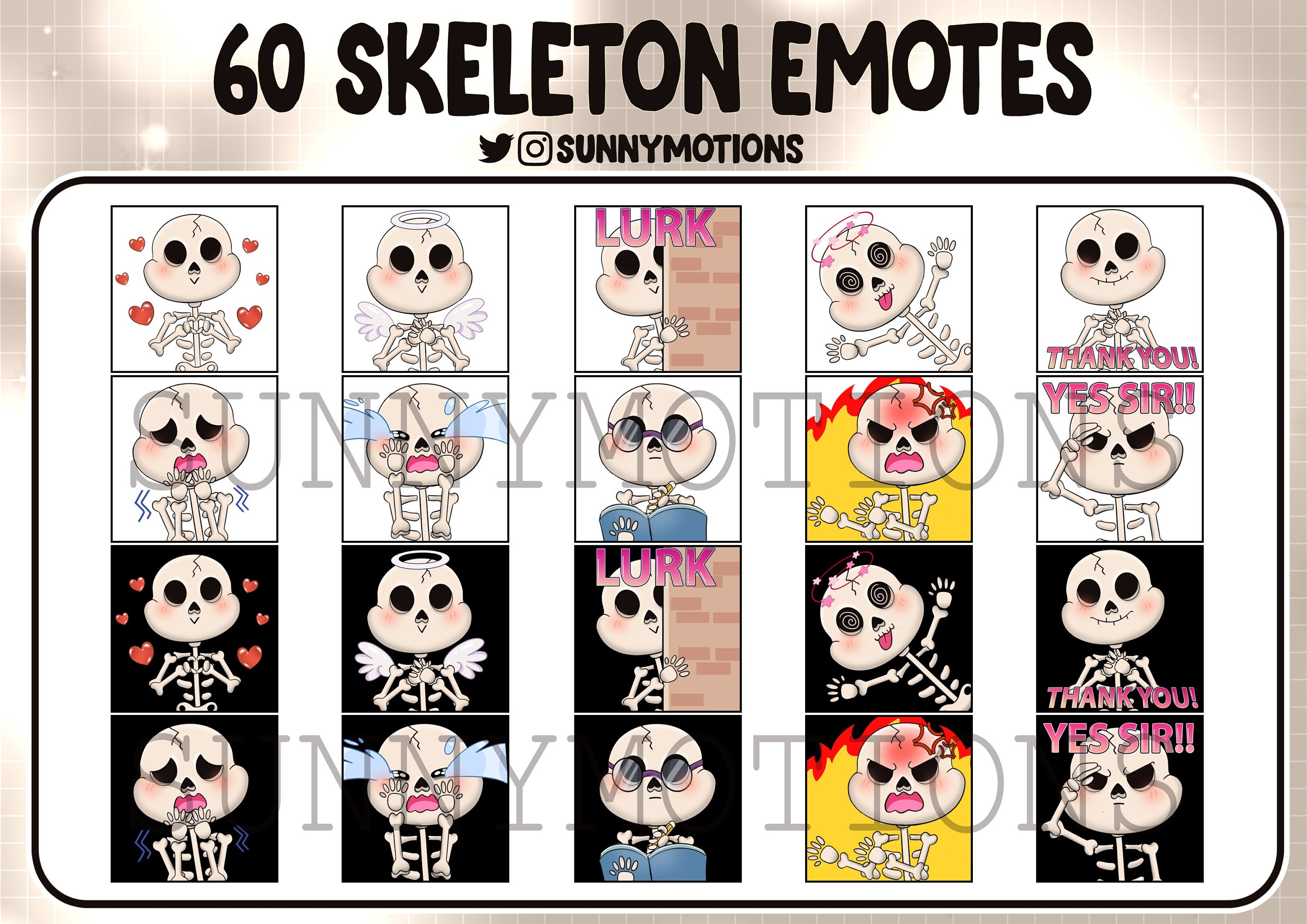 60 Cute Skeleton Twitch Emotes Bundle, Discord, Streamer, Kawai Funny ...