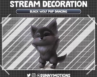 Animated Stream Decoration: Aesthetic Cute Black Wolf Pup Dancing, Baby Wolf Cub Twitch Overlay, Animals Wild Forest Spirit Pup Vtuber Asset