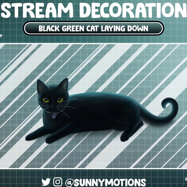 Animated Stream Decoration Cute Pet: Spooky Greenery Black Cat Laying Down, Scared Witchy Kitty, Kawaii Halloween Kitten Twitch Overlay