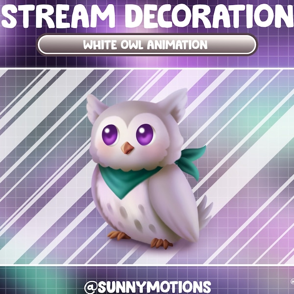 Animated Stream Decoration Animal Soft Plushy Toy: Lo-fi Aesthetic White Grey Owl / Kawaii Nocturnal Bird Twitch Overlay / Night Bird Add-on