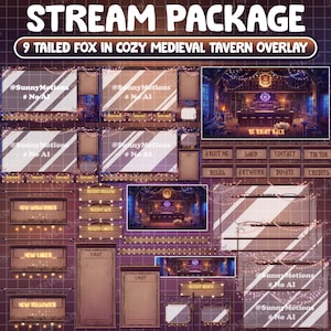 Può includere: Un set di 9 overlay per stream Twitch con un tema di taverna medievale accogliente. Gli overlay includono una varietà di elementi, come un avviso di nuovo abbonato, un avviso di nuovo follower, un avviso di nuovo cheer, una chat box, un avviso di donazione recente e uno schermo di ritorno a breve. Gli overlay sono progettati in uno stile caldo e invitante con una cornice in legno rustica e una luce morbida e brillante. Gli overlay sono perfetti per gli streamer che desiderano creare un'atmosfera accogliente e coinvolgente per i loro spettatori.