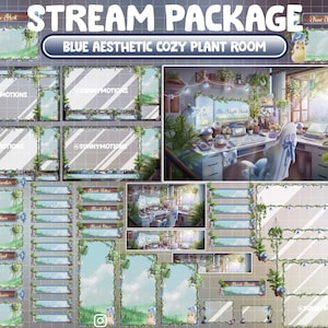 ANIMATED Stream Package: Cute Warm & Cozy Desk With Mushroom Cottagecore Twitch Overlay Aesthetic Bundle, Floral Roots Blue Calm Room Theme