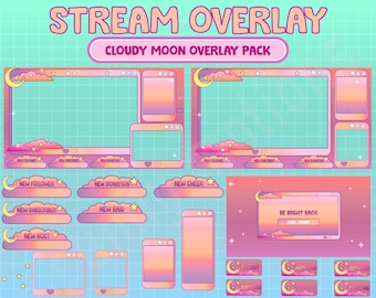 May include: A digital art stream overlay pack with a dreamy, pastel color scheme. The design includes frames, cloud and moon graphics, and notification buttons. Text includes "STREAM OVERLAY", "CLOUDY MOON OVERLAY PACK", and "BE RIGHT BACK".