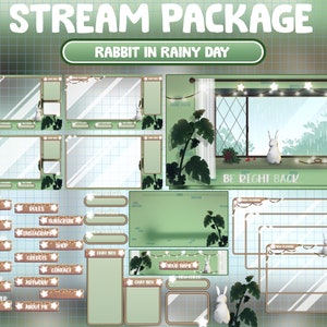 PEŁNY ANIMOWANY pakiet transmisji Twitch / Uroczy, mroczny, marzycielski królik w ciepłym domu, ciężki, deszczowy dzień / Nakładka szałwiowa zieleń / Przytulny króliczek, święta wielkanocne