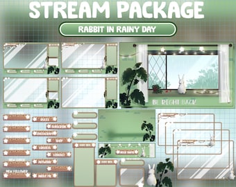 FULL ANIMATED Twitch Stream Package / Cute Dark Dreamy Rabbit In Warm House Heavy Rainy Day / Overlay Sage Green / Cozy Bunny Easter Holiday
