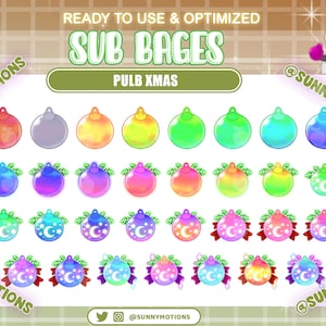 May include: A set of 30 Christmas ornament-themed Twitch sub badges. The badges feature a variety of colors and designs, including red, green, blue, yellow, and purple. The badges are all in the shape of a Christmas ornament and have a white crescent moon and stars on them. The badges are perfect for adding a festive touch to your Twitch channel.