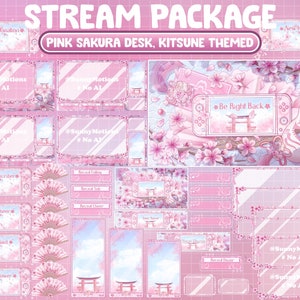 ANIMATED Stream Package: Aesthetic Lo-fi Pink Sakura Desk, Cherry Blossom Game Switch Console, Cozy Kitsune Mask, Japanese Folding Hand Fans