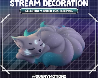 Animerad strömdekoration: Kawaii japansk niosvansad vit blå räv Twitch-överlägg, nattvibbar himmelsk häxande räv Vtuber-tillgång
