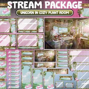 Animiertes Stream-Paket: Rosa Horn-Einhorn-Twitch-Overlay, Lo-Fi-ästhetischer Schreibtisch im grünen Pflanzenraum, niedliches Kirschblütengarten-Setup-Thema