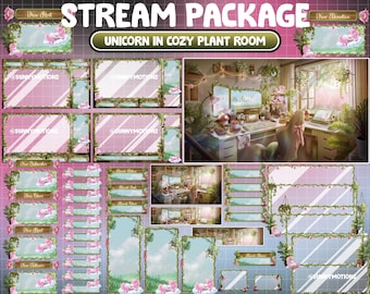 ANIMATED Stream Package: Enchanted Spring Garden Gaming Room Twitch Overlay, Blooming Sakura, Unicorn Fairy Tale, Hanging Plants, Mushroom