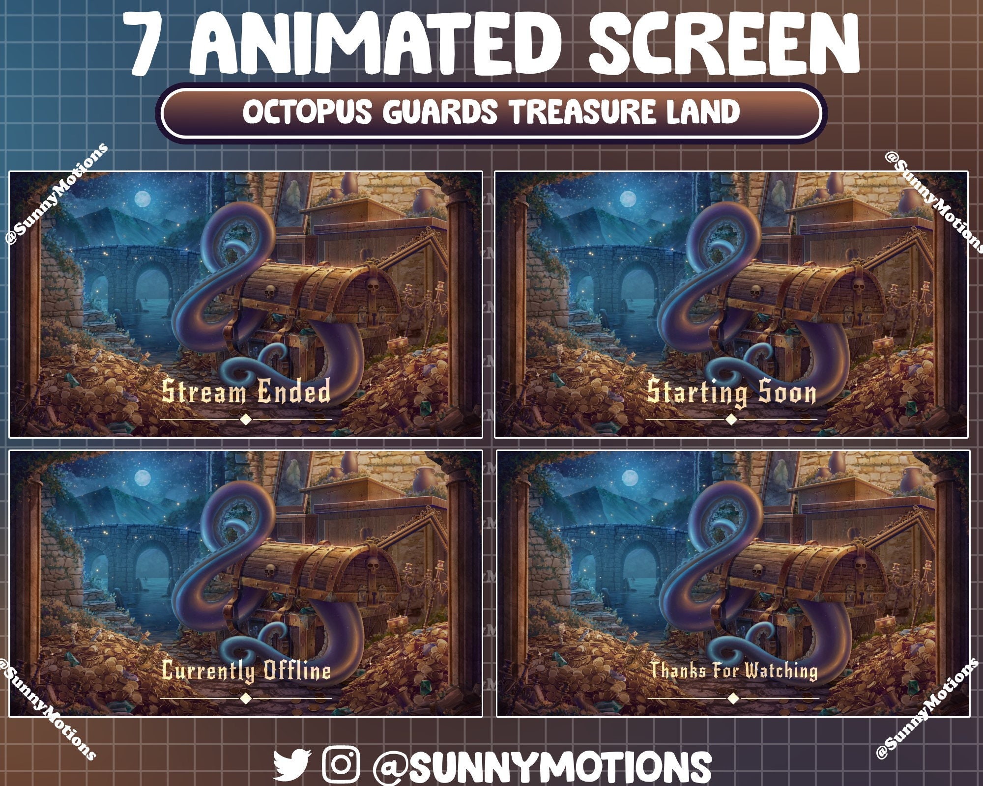 Guard Card Animation ANIMATED Stream Package: Purple Blue Octopus Guards Treasure Chest ...