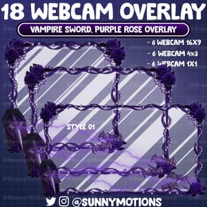 May include: A digital overlay design for webcams, featuring a purple and white color scheme. The design includes decorative elements such as purple roses, pearls, and coffin illustrations. The text reads "18 Webcam Overlay" and "Vampire Sword, Purple Rose Overlay."
