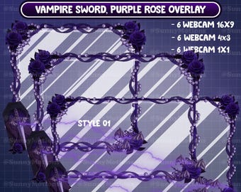Animated Purple Black Gothic Vampire Twitch Webcam Overlay, Halloween Haunted House, Rose Bat Sword Decoration Webcam Border Camera Stream