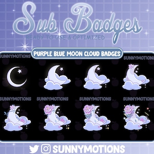 Könnte beinhalten: Satz von acht Twitch-Sub-Badges in Lila, Blau und Weiß, die Monde und Wolken darstellen. Die Badges zeigen einen Halbmond mit einem Stern, einen Halbmond mit einer Blume und einen Halbmond mit einer Blume und Sternen. Der Text "SUNNYMOTIONS" erscheint oben und unten im Bild.