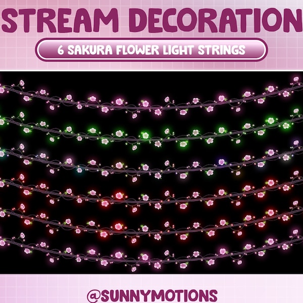 Animierte Twitch Stream Dekoration: Bunte Sakura Lichterkette / Gemütliche ästhetische Frühlingsnacht / Kirschblüten Lichterketten Add-on Overlay
