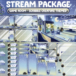 May include: A set of Twitch stream overlays featuring a blue and white color scheme with a night sky background. The overlays include a game room scene with a computer, a microphone, and a headset. The overlays also include a variety of text boxes for displaying information such as the streamer's name, the game being played, and the number of viewers.