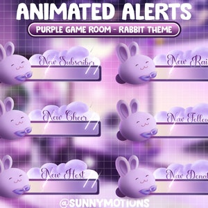 May include: Animated alerts for Twitch or YouTube streams featuring a purple game room theme with a cute rabbit character. The alerts include: New Subscriber, New Raid, New Cheer, New Follower, New Host, and New Donation.