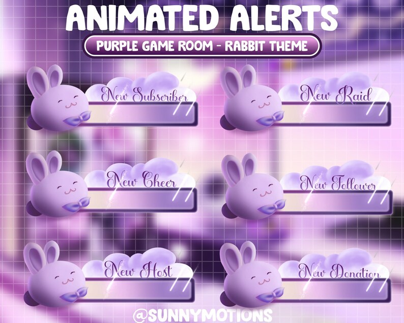 May include: Animated alerts for Twitch or YouTube streams featuring a purple game room theme with a cute rabbit character. The alerts include: New Subscriber, New Raid, New Cheer, New Follower, New Host, and New Donation.